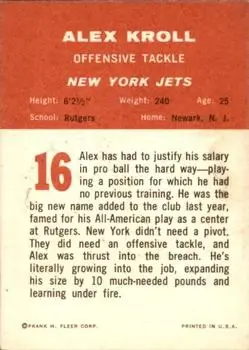 1963 Fleer #16 - Alex Kroll - New York Jets - Back