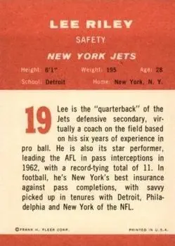 1963 Fleer #19 - Lee Riley - New York Jets - Back 1963 Fleer #19 - Lee Riley - New York Jets - Back