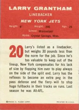 1963 Fleer #20 - Larry Grantham - New York Jets - Back