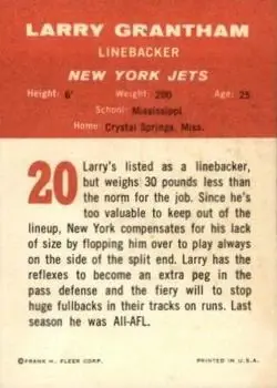1963 Fleer #20 - Larry Grantham - New York Jets - Back