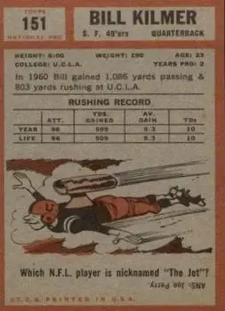 1962 Topps #151 - Bill Kilmer - San Francisco 49ers - Back