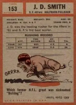 1962 Topps #153 - J.D. Smith - San Francisco 49ers - Back