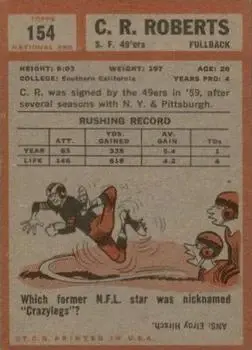 1962 Topps #154 - C.R. Roberts - San Francisco 49ers - Back 1962 Topps #154 - C.R. Roberts - San Francisco 49ers - Back