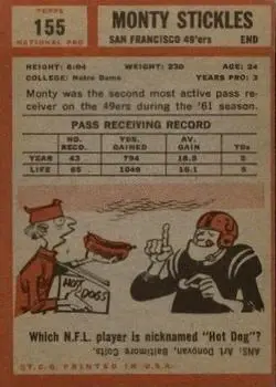 1962 Topps #155 - Monty Stickles - San Francisco 49ers - Back