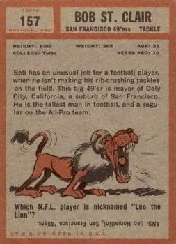 1962 Topps #157 - Bob St. Clair - San Francisco 49ers - Back