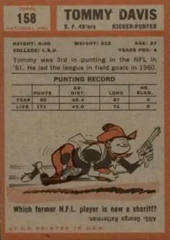 1962 Topps #158 - Tommy Davis - San Francisco 49ers - Back