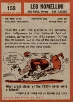 1962 Topps #159 - Leo Nomellini - San Francisco 49ers - Back