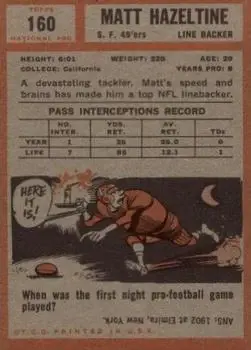 1962 Topps #160 - Matt Hazeltine - San Francisco 49ers - Back 1962 Topps #160 - Matt Hazeltine - San Francisco 49ers - Back