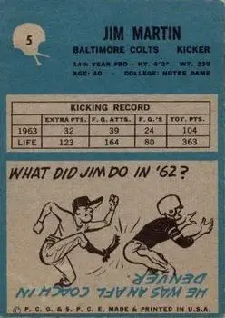 1964 Philadelphia #5 - Jim Martin - Baltimore Colts - Back