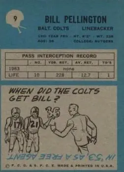 1964 Philadelphia #9 - Bill Pellington - Baltimore Colts - Back