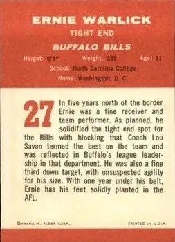 1963 Fleer #27 - Ernie Warlick - Buffalo Bills