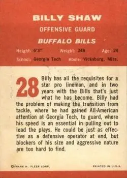 1963 Fleer #28 - Billy Shaw - Buffalo Bills