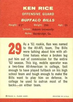 1963 Fleer #29 - Ken Rice - Buffalo Bills