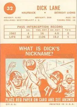 1963 Topps #32 - Richard Lane - Detroit Lions - Back