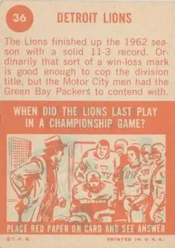 1963 Topps #36 - Card #36 - Detroit Lions - Back