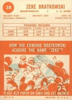 1963 Topps #38 - Zeke Bratkowski - Los Angeles Rams - Back