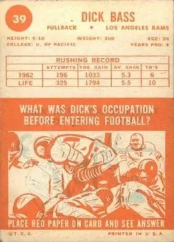 1963 Topps #39 - Dick Bass - Los Angeles Rams - Back