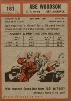 1962 Topps #161 - Abe Woodson - San Francisco 49ers - Back