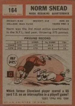 1962 Topps #164 - Norm Snead - Washington Redskins - Back