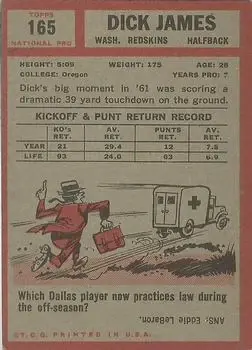 1962 Topps #165 - Dick James - Washington Redskins - Back