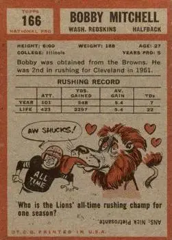 1962 Topps #166 - Bobby Mitchell - Washington Redskins - Back