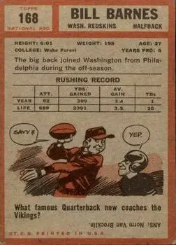 1962 Topps #168 - Bill Barnes - Washington Redskins - Back 1962 Topps #168 - Bill Barnes - Washington Redskins - Back