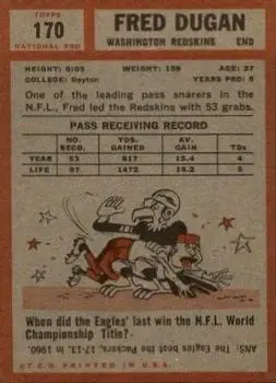 1962 Topps #170 - Fred Dugan - Washington Redskins - Back 1962 Topps #170 - Fred Dugan - Washington Redskins - Back