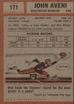 1962 Topps #171 - John Aveni - Washington Redskins - Back