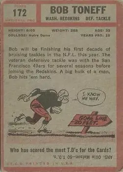 1962 Topps #172 - Bob Toneff - Washington Redskins - Back 1962 Topps #172 - Bob Toneff - Washington Redskins - Back