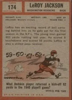 1962 Topps #174 - Leroy Jackson - Washington Redskins - Back 1962 Topps #174 - Leroy Jackson - Washington Redskins - Back