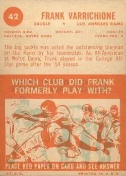 1963 Topps #42 - Frank Varrichione - Los Angeles Rams - Back 1963 Topps #42 - Frank Varrichione - Los Angeles Rams - Back