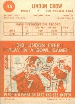 1963 Topps #45 - Lindon Crow - Los Angeles Rams - Back 1963 Topps #45 - Lindon Crow - Los Angeles Rams - Back