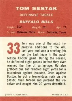 1963 Fleer #33 - Tom Sestak - Buffalo Bills