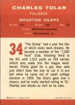 1963 Fleer #34 - Charley Tolar - Houston Oilers
