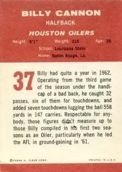 1963 Fleer #37 - Billy Cannon - Houston Oilers
