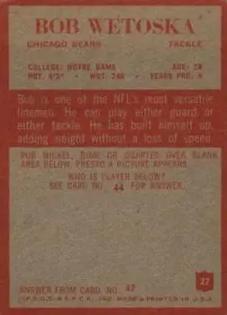 1965 Philadelphia #27 - Bob Wetoska - Chicago Bears - Back