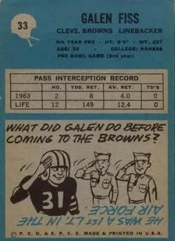 1964 Philadelphia #33 - Galen Fiss - Cleveland Browns 1964 Philadelphia #33 - Galen Fiss - Cleveland Browns