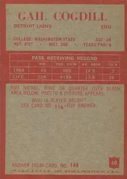 1965 Philadelphia #60 - Gail Cogdill - Detroit Lions - Back