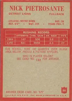 1965 Philadelphia #66 - Nick Pietrosante - Detroit Lions - Back