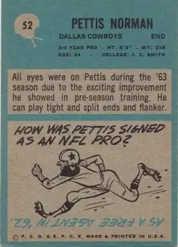 1964 Philadelphia #52 - Pettis Norman - Dallas Cowboys - Back 1964 Philadelphia #52 - Pettis Norman - Dallas Cowboys - Back
