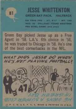1964 Philadelphia #81 - Jesse Whittenton - Green Bay Packers - Back 1964 Philadelphia #81 - Jesse Whittenton - Green Bay Packers - Back