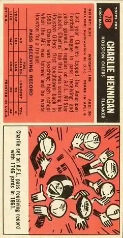 1965 Topps #78 - Charlie Hennigan - Houston Oilers 1965 Topps #78 - Charlie Hennigan - Houston Oilers