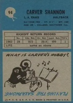 1964 Philadelphia #94 - Carver Shannon - Los Angeles Rams - Back