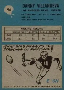 1964 Philadelphia #96 - Danny Villanueva - Los Angeles Rams