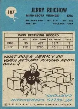 1964 Philadelphia #107 - Jerry Reichow - Minnesota Vikings - Back 1964 Philadelphia #107 - Jerry Reichow - Minnesota Vikings - Back