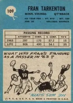 1964 Philadelphia #109 - Fran Tarkenton - Minnesota Vikings - Back 1964 Philadelphia #109 - Fran Tarkenton - Minnesota Vikings - Back