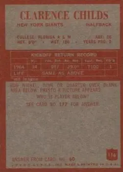 1965 Philadelphia #116 - Clarence Childs - New York Giants - Back 1965 Philadelphia #116 - Clarence Childs - New York Giants - Back