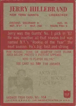 1965 Philadelphia #117 - Jerry Hillebrand - New York Giants - Back