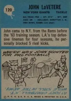 1964 Philadelphia #120 - John LoVetere - New York Giants - Back 1964 Philadelphia #120 - John LoVetere - New York Giants - Back