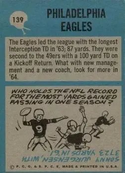 1964 Philadelphia #139 - Card #139 - Philadelphia Eagles - Back